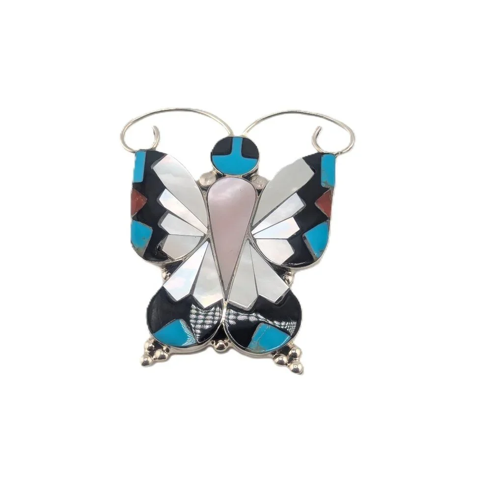 Zuni Butterfly Multi Stones Inlay Brooch Pin Pendant Native‎ American Jewelry **